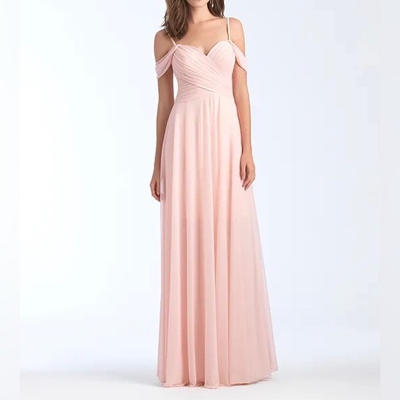 Kleinfeld Maxi Dress Size 12 Bridesmaid Peach Cold Off Shoulder Pleated Chiffon - Picture 14 of 14